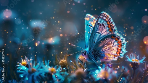 Close-up of a vibrant butterfly on flowers at dusk, glowing sparkles in the background create a magical and serene atmosphere.