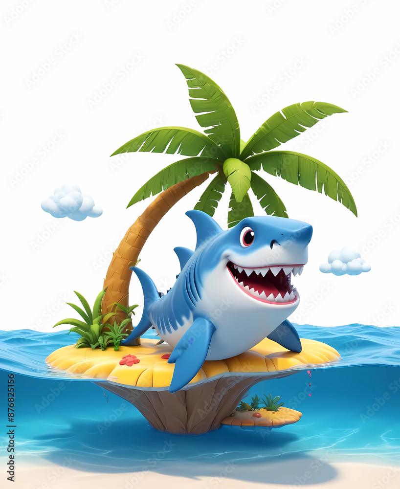 Naklejka premium 3d happy shark cartoon character on the island isolated on white background