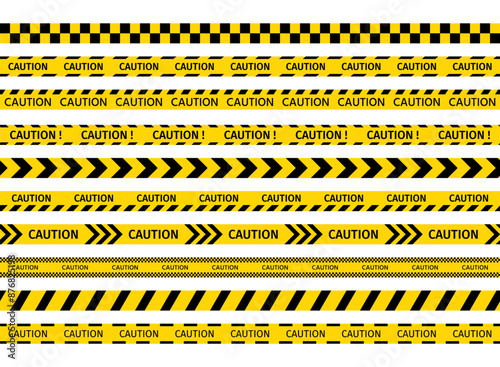 Caution barrier tapes for danger places. Yellow black danger ribbons. Set of warning bands for work zones. Seamless striped boundary lines under construction. Vector illustration.