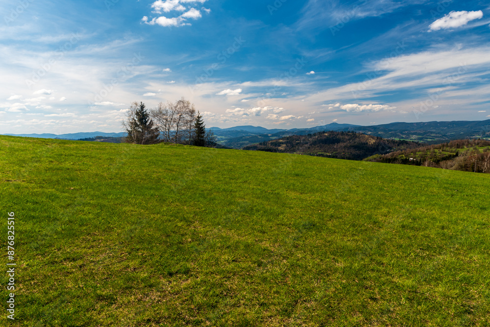 Obraz premium Moravskoslezske Beskydy mountains from meadow on Martacky vrch hill in Javorniky mountains in Slovakia