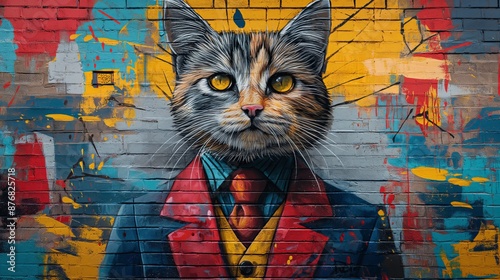 Cat in suit mural on wall photo