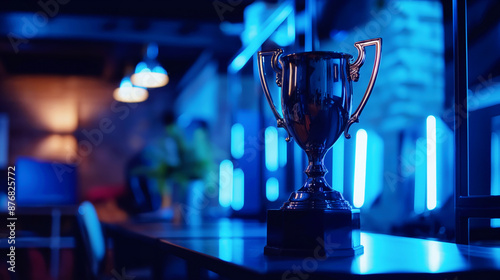 A shiny, reflective trophy is displayed on a table in a dimly lit modern office with a blurry colorful background.