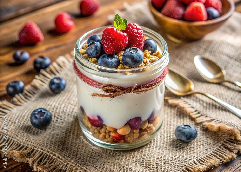 Fresh yogurt in a clear glass jar topped with mixed berries and granola, served with a spoon on a natural linen cloth, evoking a cozy atmosphere. Fresh yogurt in a clear glass jar topped with mixed berries and granola, served with a spoon on a natural linen cloth, evoking a cozy atmosphere.