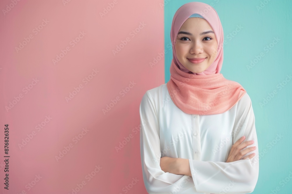 Fototapeta premium Asian Muslim woman in peach hijab and white blouse stands in front of pastel pink and blue background, smiling with arms crossed, looking at camera