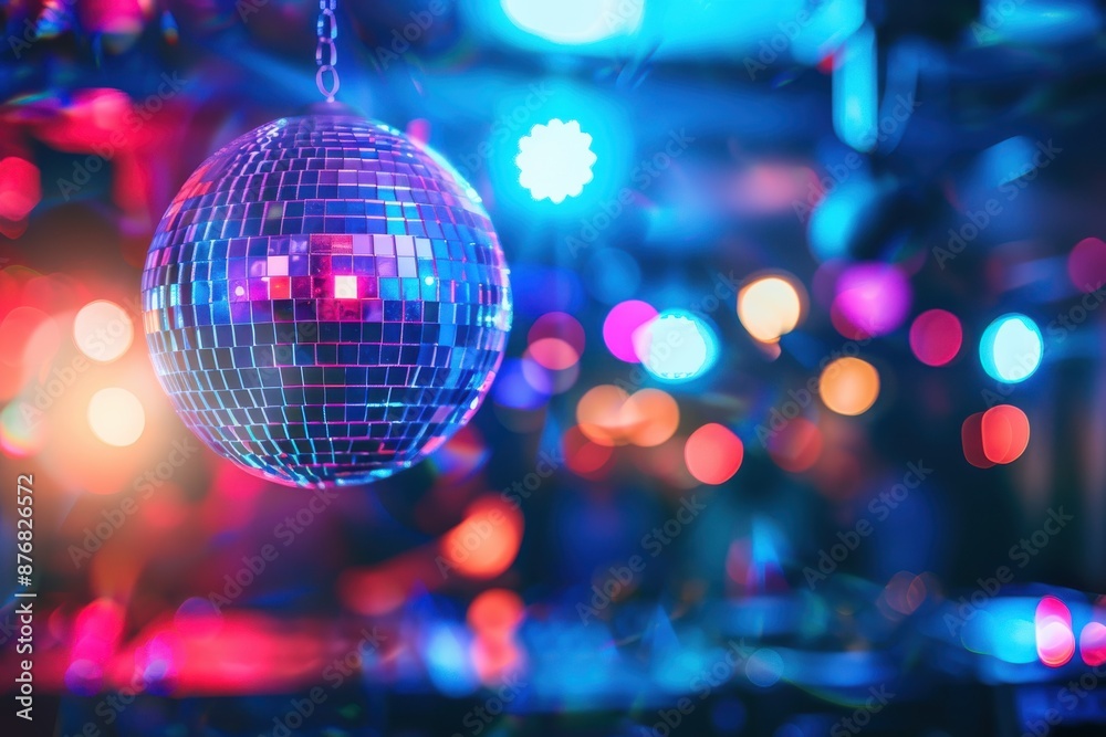 Mirror disco ball hanging above a dance floor, with colorful and vibrant lights creating a festive, blurred background Mirror disco ball hanging above a dance floor, with colorful and vibrant lights creating a festive, blurred background