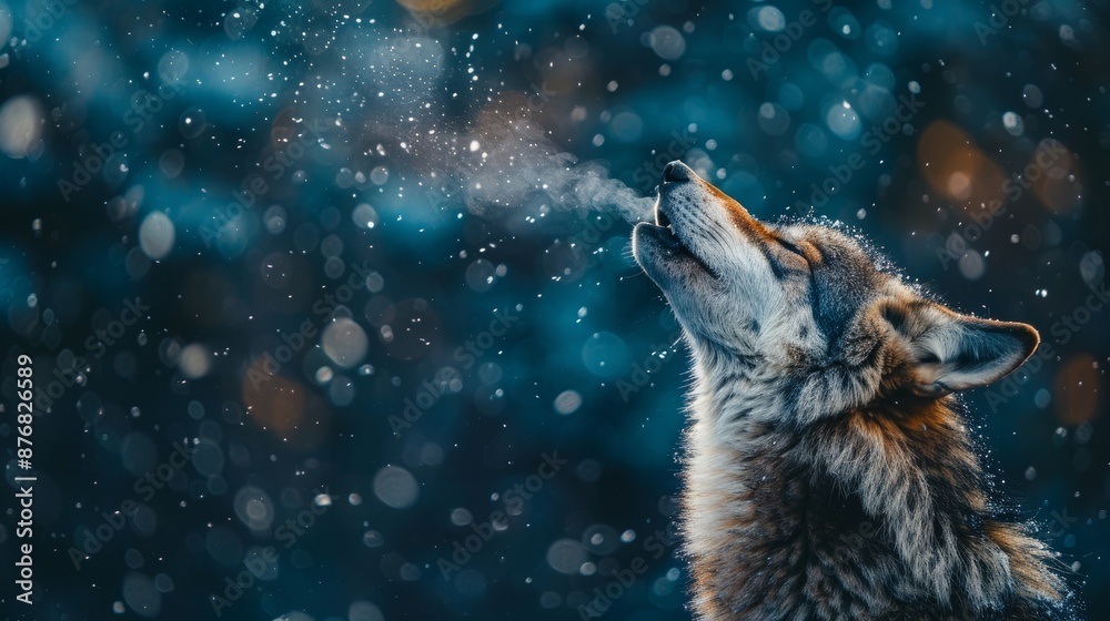 Obraz premium Close-up of a wolf howling in the snow at night, with breath visible in the cold air, surrounded by a magical, dreamy bokeh background.