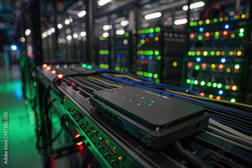 Close-up of a data center with a portable device on a rack, surrounded by colorful lights and network cables in the blurred background