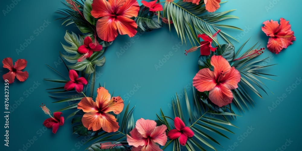 A wreath featuring bright hibiscus flowers and palm leaves, against a vibrant turquoise background