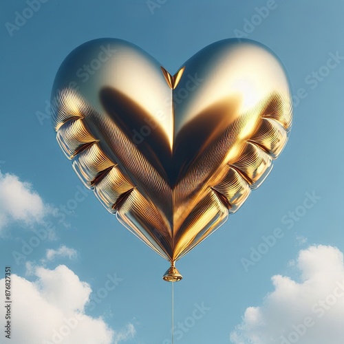 Gold Chrome heart balloon, blue sky photo