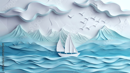 A minimalist paper art depiction of a sailboat on the ocean with mountains, clouds, and birds in the background. photo