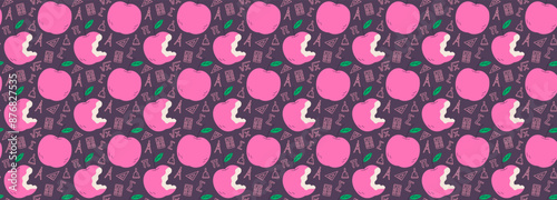 Childrens school pattern. Apples with education icons behind background. Back to school print. 
