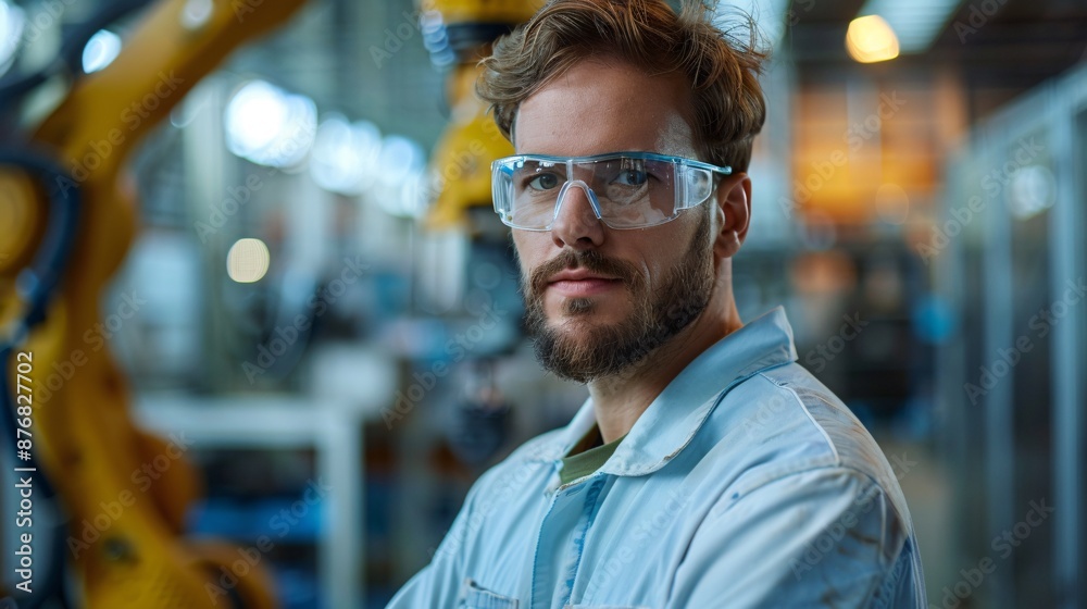 portrait of male worker on robotic arm factory portrait of male worker on robotic arm factory