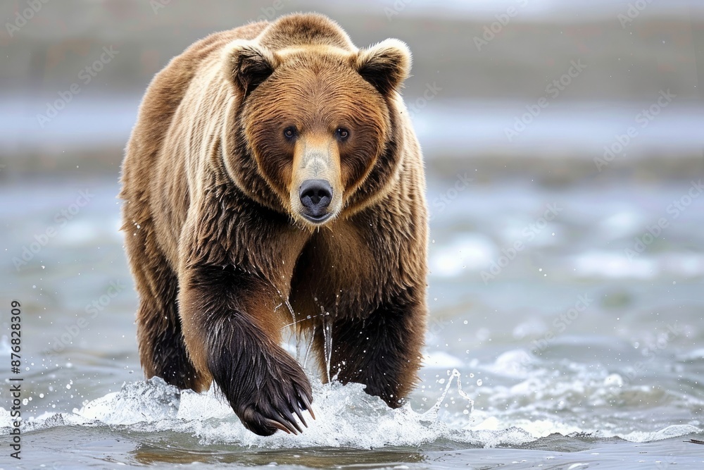 A large brown bear, also known as a grizzly bear, is standing in the rushing water of a river as she searches for salmon in Lake Clark National Park, Alaska