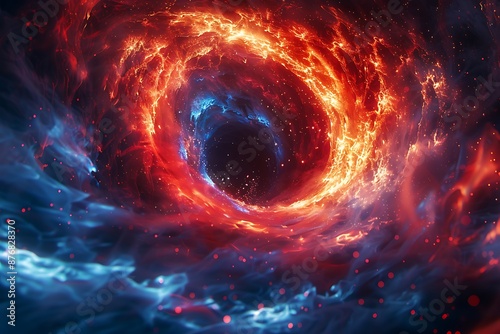 Fiery background with swirling red and blue flames, captured in ultra-high-definition Vray rendering. Digital firestorm illustration.
