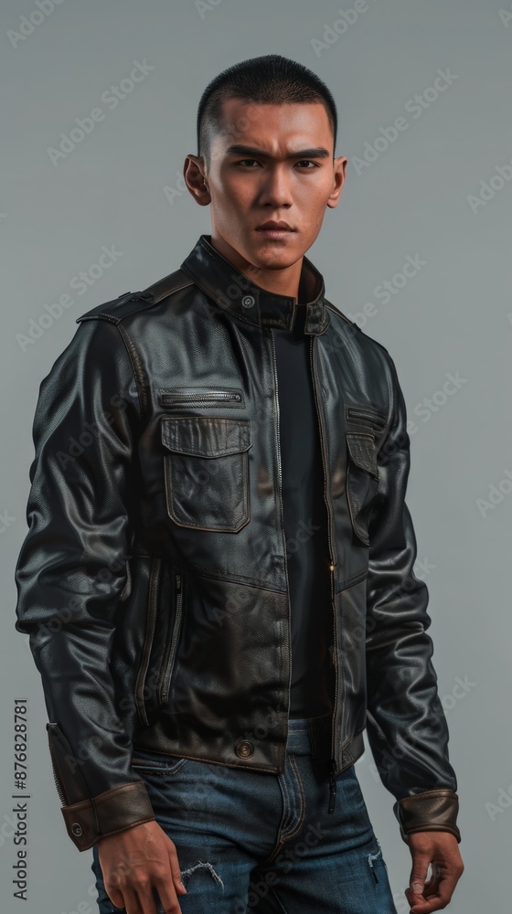 Asian male model wearing a black leather jacket Asian male model wearing a black leather jacket