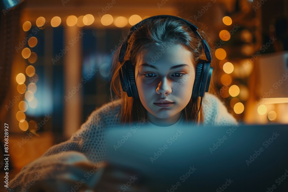 Fototapeta premium young woman, in office, wear headphones with speakerphone, watching laptop, 