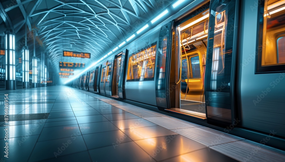 A bright and well-lit subway platform featuring metro trains with open doors, inviting passengers to board. The modern design and structure create a welcoming atmosphere. A bright and well-lit subway platform featuring metro trains with open doors, inviting passengers to board. The modern design and structure create a welcoming atmosphere.