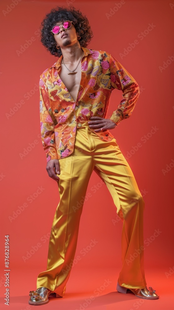 A man in a bold floral shirt and wide-leg pants poses confidently