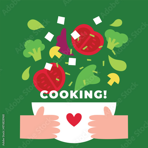 Vector modern flat illustration of salad cooking in a bowl: feta cheese, green peas, lettuce leaves, greens, broccoli, tomatoes, mushrooms. Healthy food. A plate held in hands