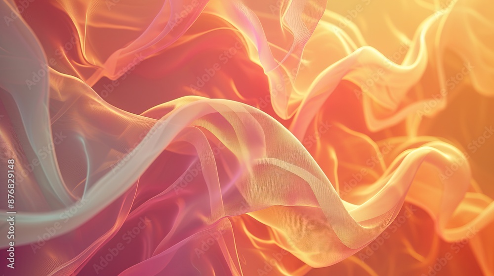 Abstract image of flowing, translucent fabric in warm colors of orange, pink, and yellow, creating a sense of movement and fluidity. Abstract image of flowing, translucent fabric in warm colors of orange, pink, and yellow, creating a sense of movement and fluidity.