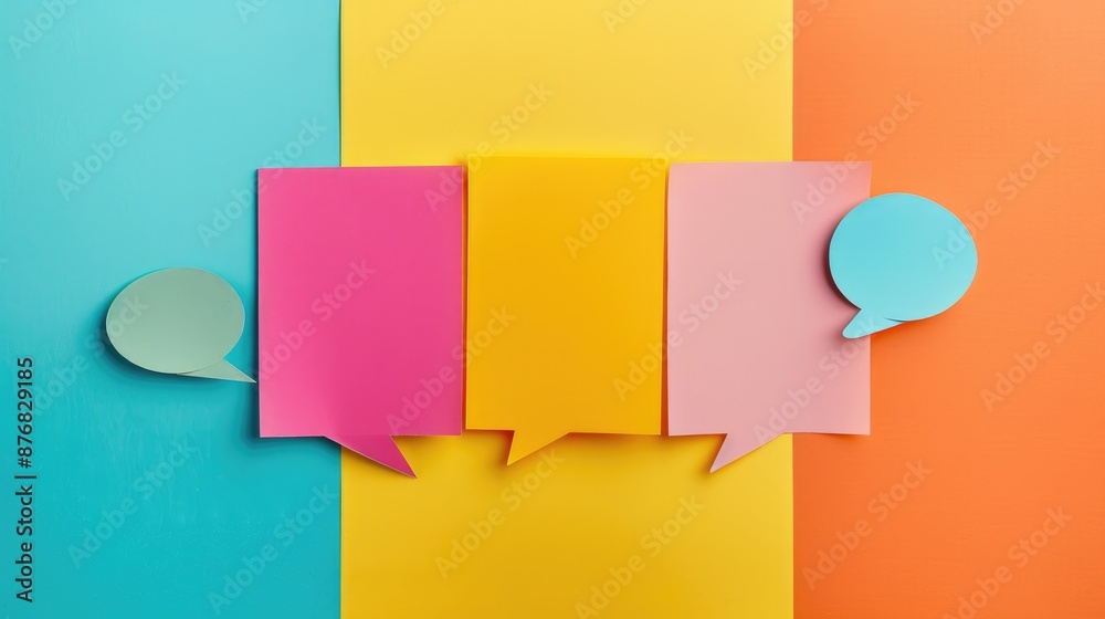 Message displayed on colorful paper with white text speech bubble and announcements Message displayed on colorful paper with white text speech bubble and announcements