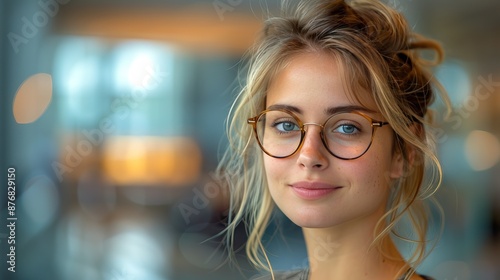 A young woman with blonde hair and glasses smiling softly. She is indoors with a blurred background, suggesting a modern, well-lit environment. © Svfotoroom