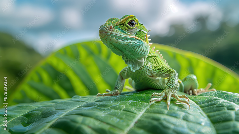 Fototapeta premium Green lizard on green leaf, sunny sky background