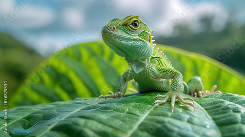 Green lizard on green leaf, sunny sky background