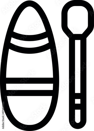 Simple black and white icon of a surfboard and a paddle for stand up paddling on water