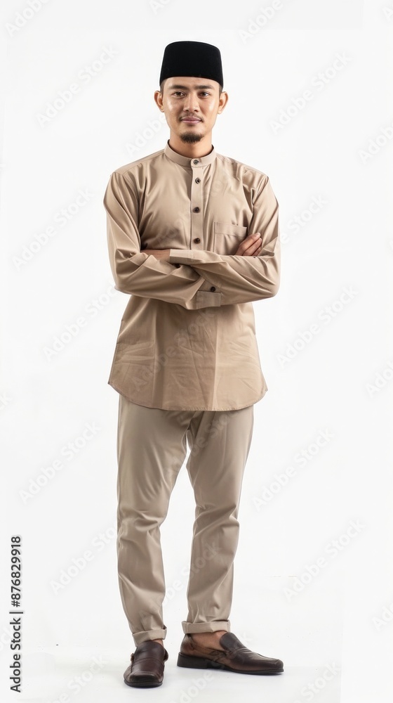 Asian man in tan shirt and pants poses with arms crossed Asian man in tan shirt and pants poses with arms crossed