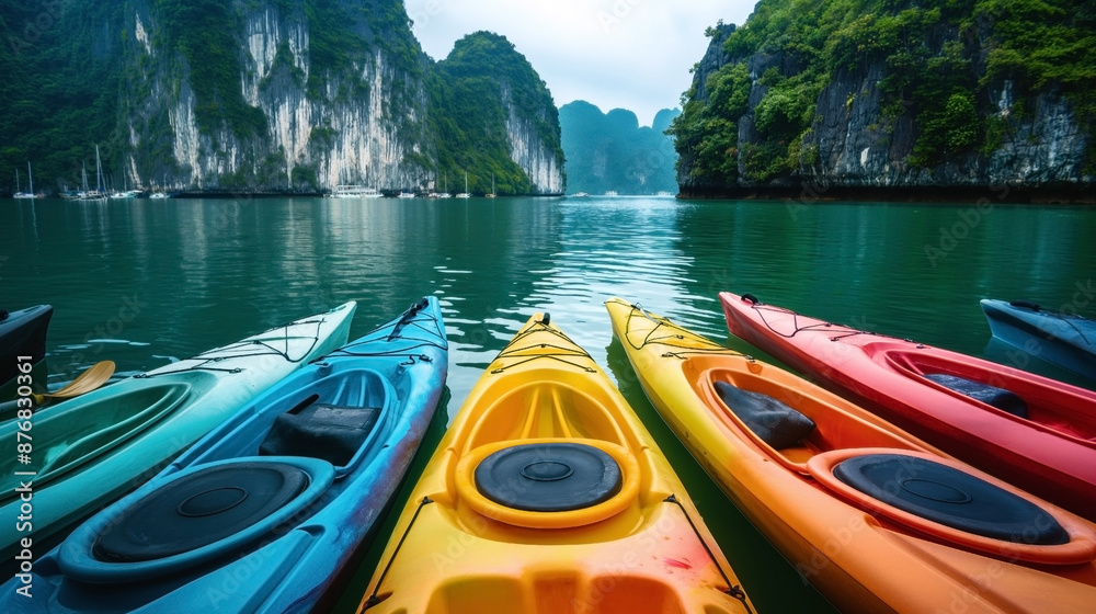 Colorful kayaks are lined up on a calm, emerald green lake surrounded by majestic limestone cliffs with lush greenery. Colorful kayaks are lined up on a calm, emerald green lake surrounded by majestic limestone cliffs with lush greenery.