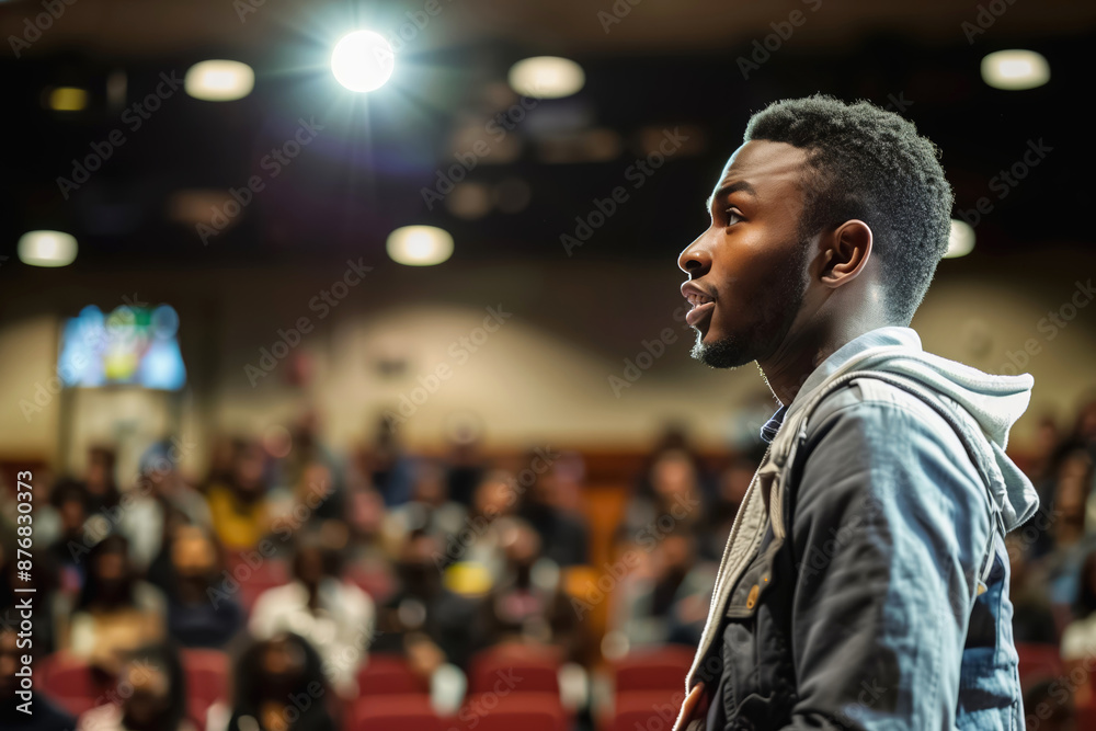 The photo illustrates a student presenting to an engaged audience in a college lecture hall, utilizing a laptop and microphone for communication and engagement The photo illustrates a student presenting to an engaged audience in a college lecture hall, utilizing a laptop and microphone for communication and engagement