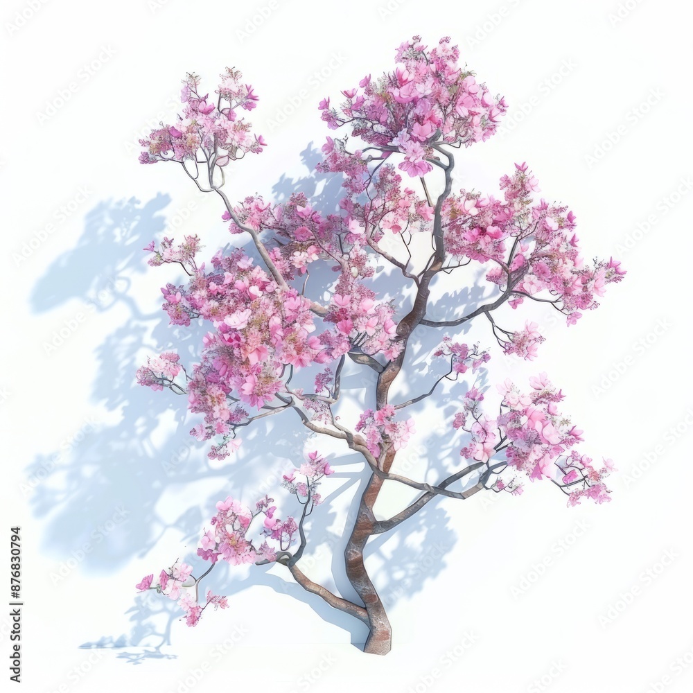 3D Render, Low Poly style of an ethereal cherry blossom tree with delicate blossoms and slender branches, on isolated white background, Generative AI 3D Render, Low Poly style of an ethereal cherry blossom tree with delicate blossoms and slender branches, on isolated white background, Generative AI
