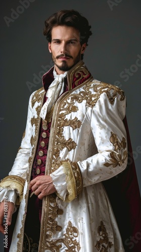 A man in a white gown with gold embroidery and a red sash poses with his hands clasped