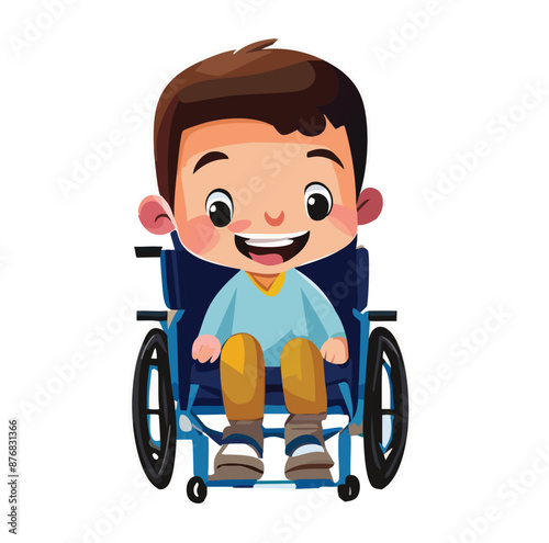 Cartoon Illustration of Happy Children in Wheelchairs, Wearing Helmets and Smiling, Ideal for Educational and Inspirational Posters, Kids' Learning Materials, and Disability Awareness Campaigns