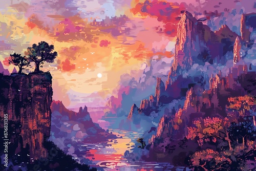 A vibrant sunset illuminates a majestic mountain range, with a single tree standing tall on a cliff. The landscape is painted in shades of purple, orange, and pink. © nuttapong