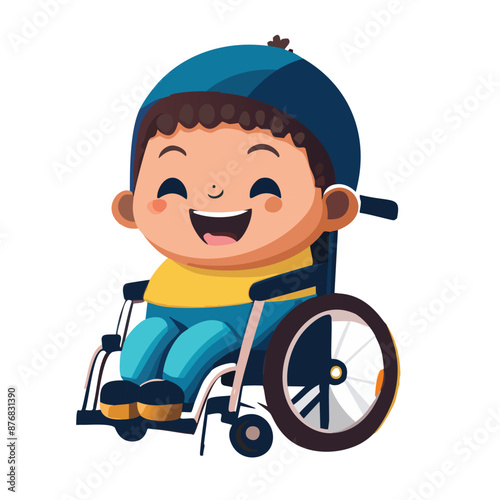 Cartoon Illustration of Happy Children in Wheelchairs, Wearing Helmets and Smiling, Ideal for Educational and Inspirational Posters, Kids' Learning Materials, and Disability Awareness Campaigns