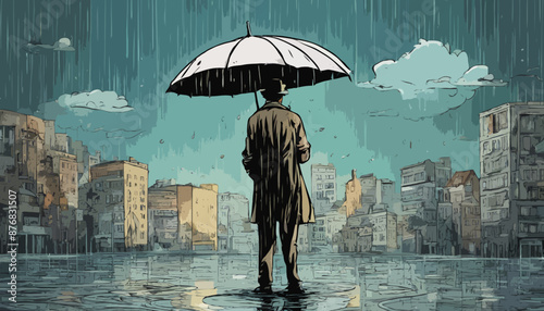 Ein Mann steht im Regen.