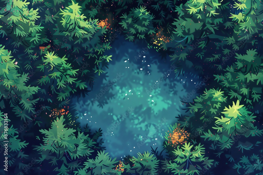 Obraz premium An aerial view of a dense forest with a clearing in the center, surrounded by lush green trees.