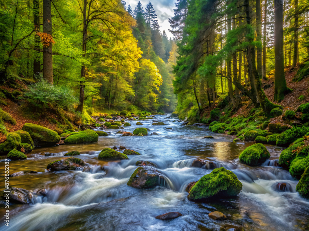 Obraz premium waterfall in the forest, stream, autumn, nature, waterfall, fall, tree, landscape, creek, trees, rocks, brook, flow, mountains