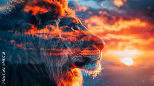 Majestic lion against a vibrant, fiery sunset with a double exposure effect, symbolizing strength and beauty in nature.