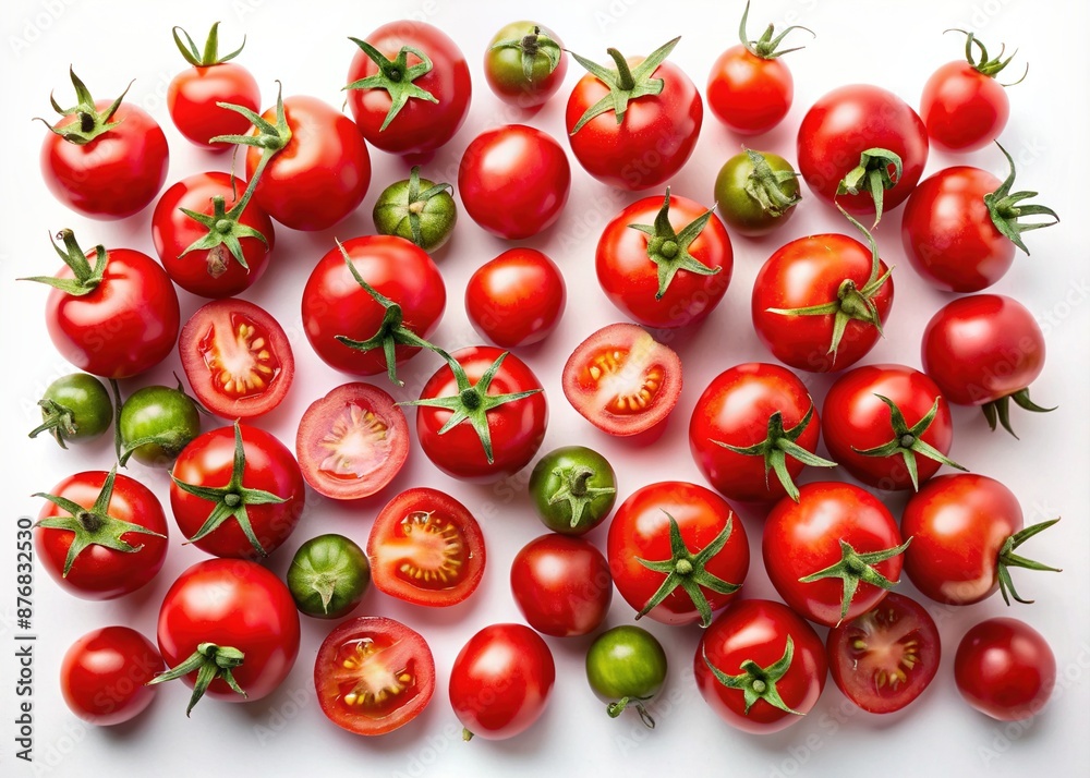 Fresh and ripe cherry tomatoes, some whole and some halved, scattered randomly on a clean white background, viewed from directly above, highlighting their vibrant red color.