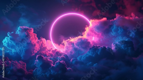 abstract cloud illuminated with neon light ring on dark night sky. Glowing geometric shape, round frame