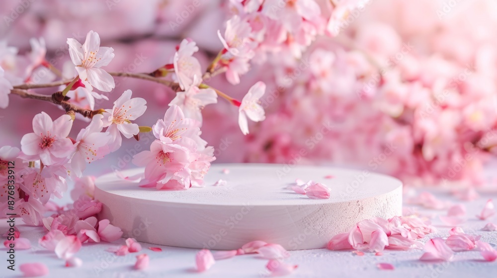 close up, small round empty podium with delicate cherry blossom branches arching around, soft pink petals scattered on the ground close up, small round empty podium with delicate cherry blossom branches arching around, soft pink petals scattered on the ground