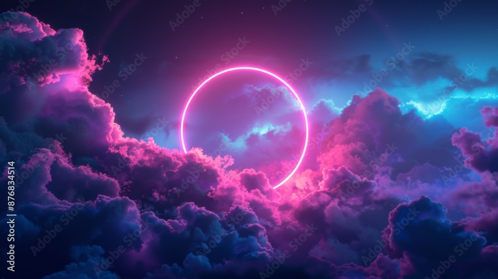 abstract cloud illuminated with neon light ring on dark night sky. Glowing geometric shape, round frame abstract cloud illuminated with neon light ring on dark night sky. Glowing geometric shape, round frame