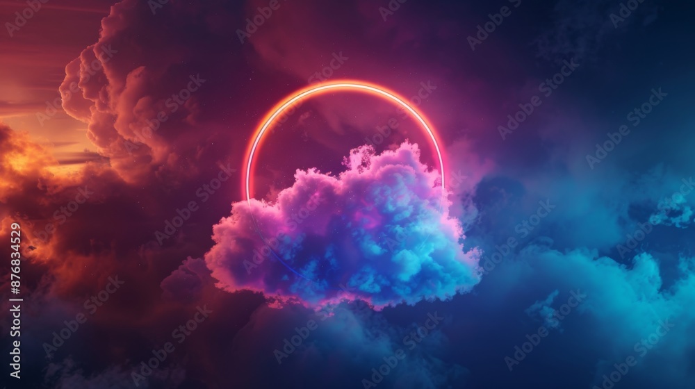 abstract cloud illuminated with neon light ring on dark night sky. Glowing geometric shape, round frame abstract cloud illuminated with neon light ring on dark night sky. Glowing geometric shape, round frame