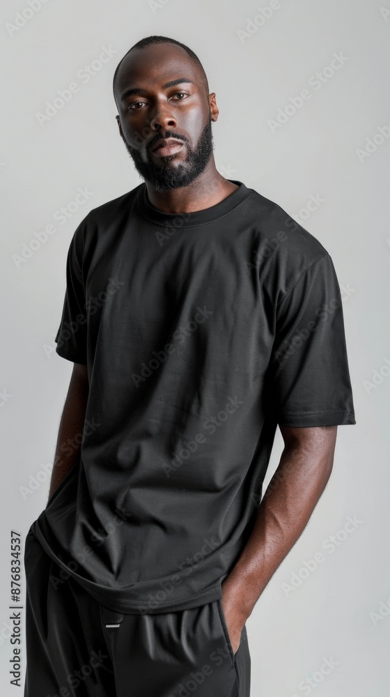 Obraz premium A black male model wears all-black outfit in studio pose