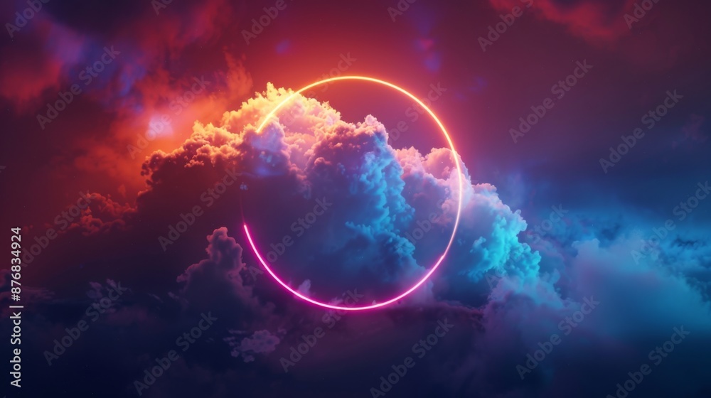 abstract cloud illuminated with neon light ring on dark night sky. Glowing geometric shape, round frame abstract cloud illuminated with neon light ring on dark night sky. Glowing geometric shape, round frame