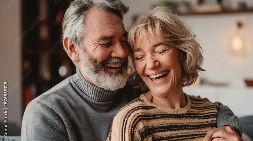 Casual portrait of a smiling man and woman sitting on a couch in a living room at home Casual portrait of a smiling man and woman sitting on a couch in a living room at home