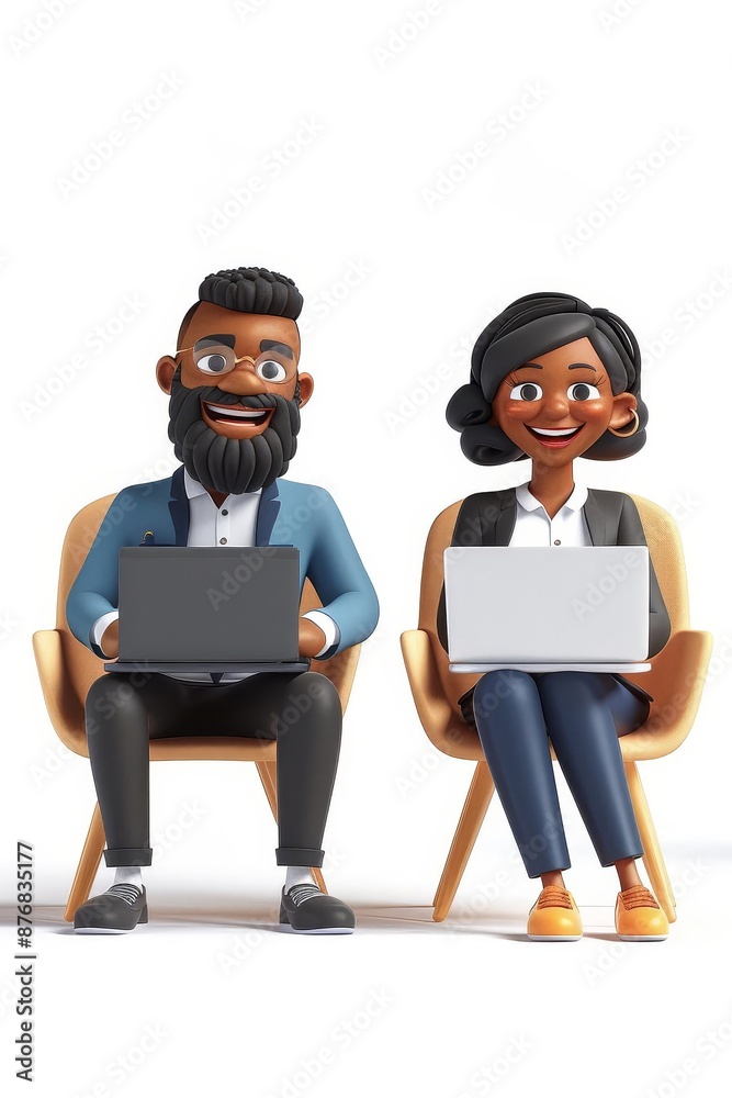 3D illustration of smiling bearded man and African American woman using laptops and sitting in chairs Cute cartoon businessman and businesswoman working in office 3D illustration of smiling bearded man and African American woman using laptops and sitting in chairs Cute cartoon businessman and businesswoman working in office